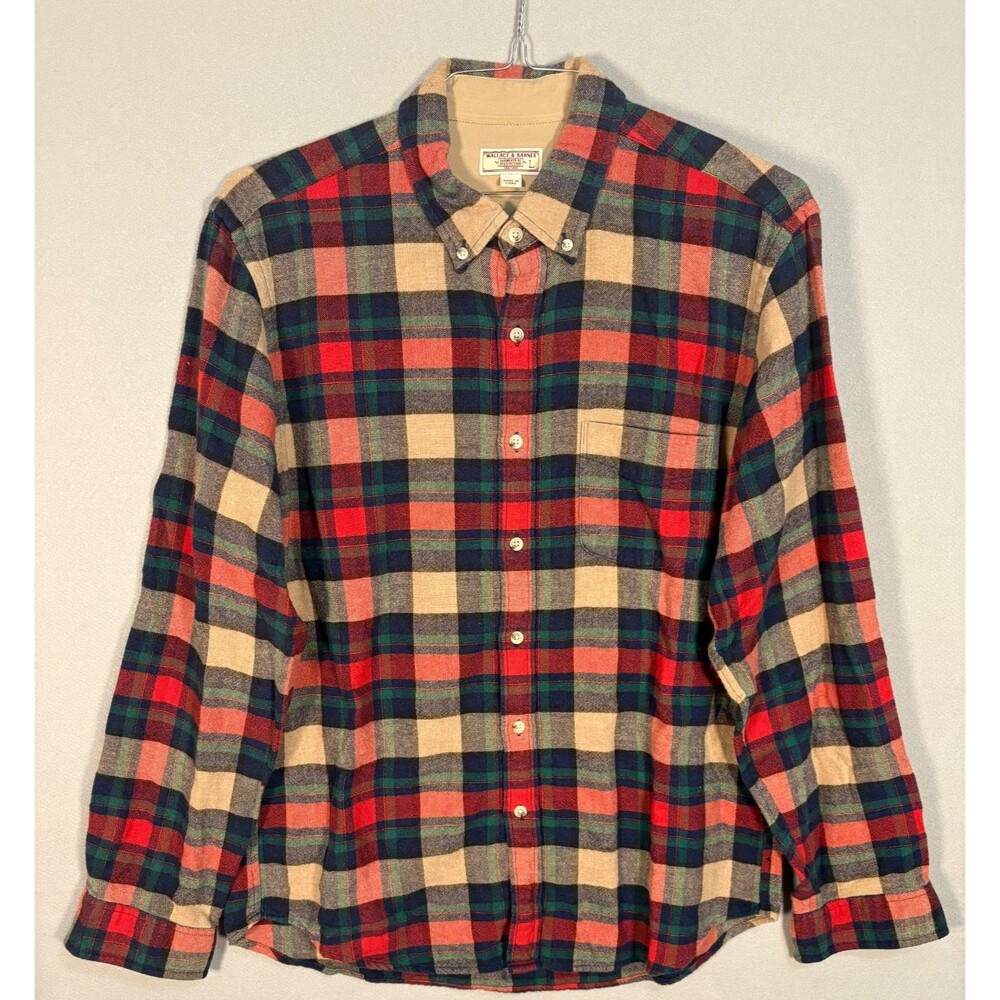 Wallace & Barnes Flannel Shirt Mens L Beige Red Check Plaid Wool Blend Workwear